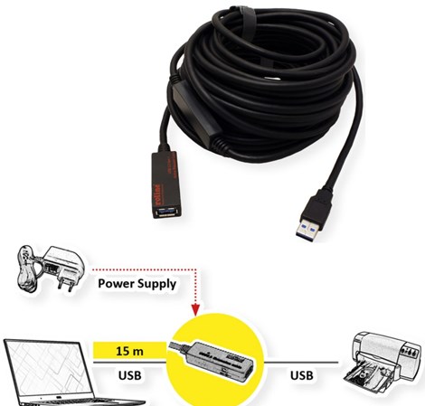 Roline USB3.2 Gen1 aktivni produžni kabel sa ponavljačem, 20m, crni