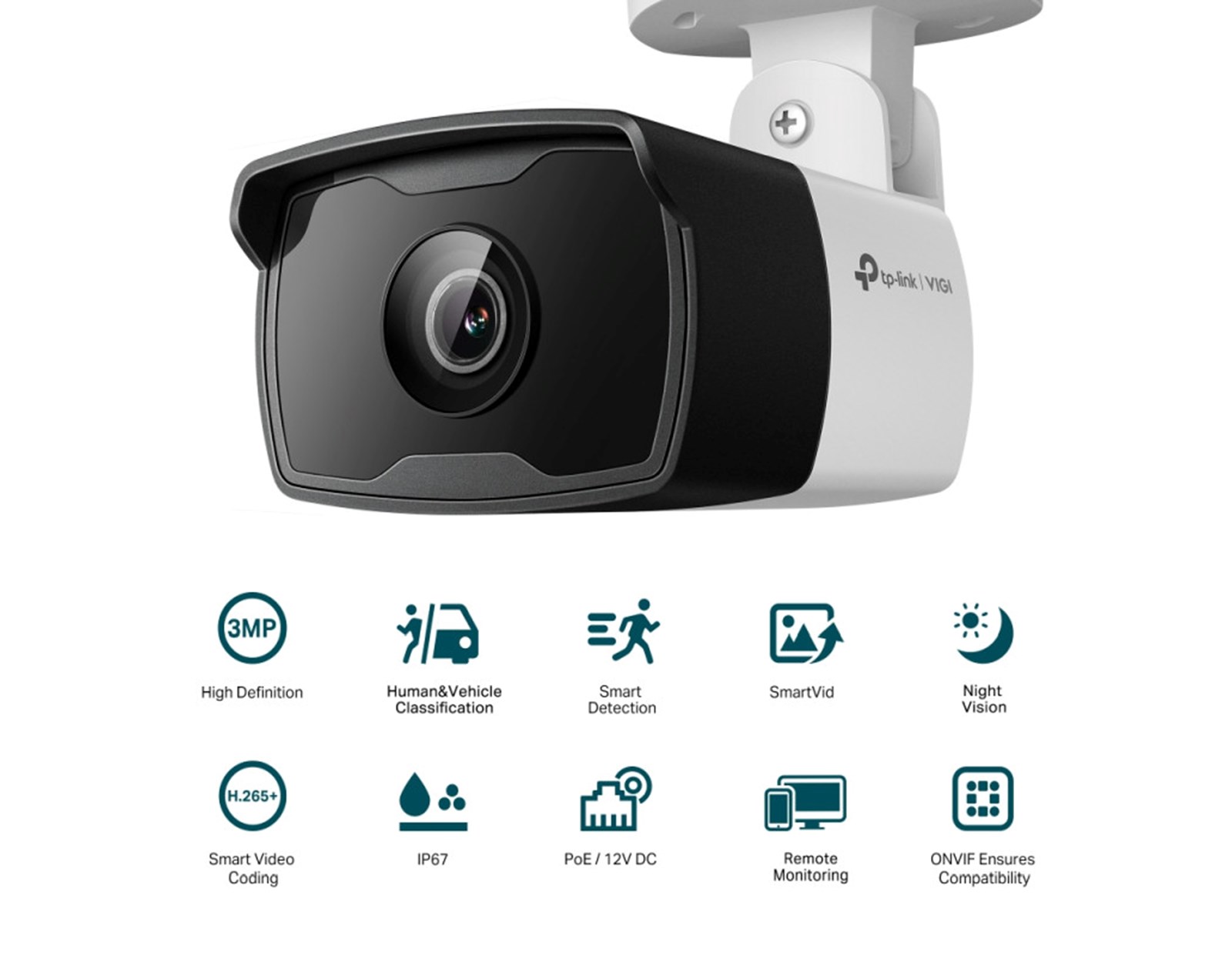 TP-Link vanjska IP Bullet 3MP (2304 × 1296) H.265+ video, 3MP,6 mm leća, RJ45,Night Vision, detekcija pokreta, vodootporna IP67, VIGI App