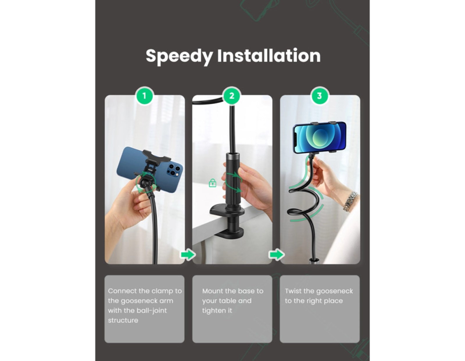 UGREEN držač za smartphone, fleksibilni, crni, 90cm