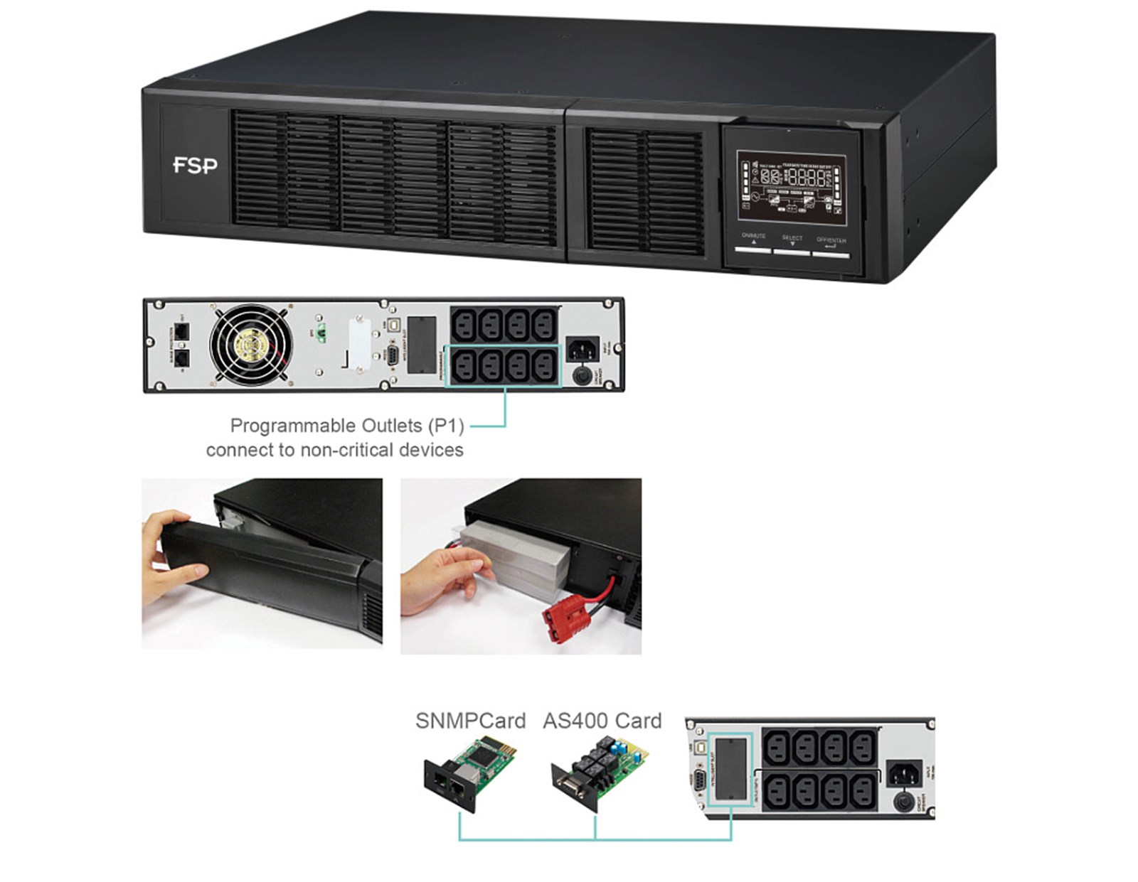 Fortron Source UPS Clippers Rack/Tower 3000VA/3000W, On-line double conversion, USB, RS-232, EPO, 8×C13, 6×9Ah, LCD