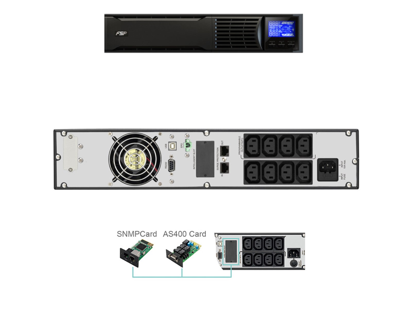Fortron Source UPS Eufo Tower/Rack 2000VA/1800W, Line-interactive, USB, RS-232, EPO, 8×IEC, 4×9Ah, LCD