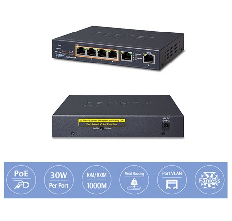 PLANET Gigabit preklopnik (Switch) 4-port 10/100/1000Mbps 802.3at High Power PoE (55W) + 2-Port 10/100/1000T