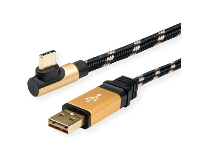 Roline GOLD USB2.0 kabel TIP A (M) - USB-C (M) kutni, 3.0m, crno/zlatni
