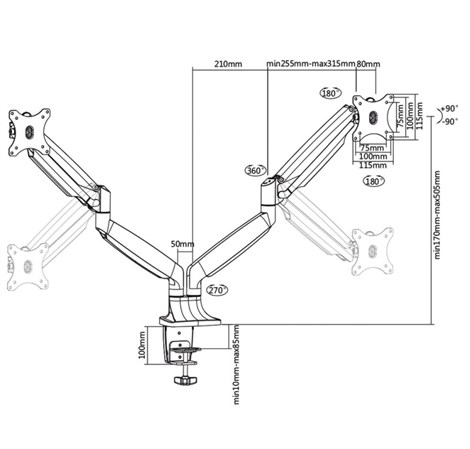 Roline VALUE dvostruki stolni pneumatski nosač monitora do 32", 6 spojeva, Pivot, nosivost 9kg