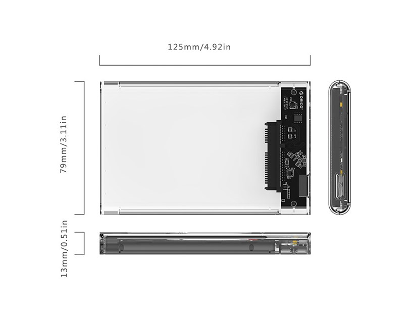 Orico vanjsko kućište 2.5" SATA HDD/SSD, do 9.5 mm, tool free, USB3.0 (SATA3 podržano) prozirno kućište (ORICO-2139U3-CR-EP-HW)