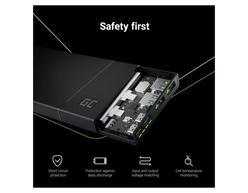 Green Cell Powerbank 10000mAh, USB-C (18W) & 2×USB-A