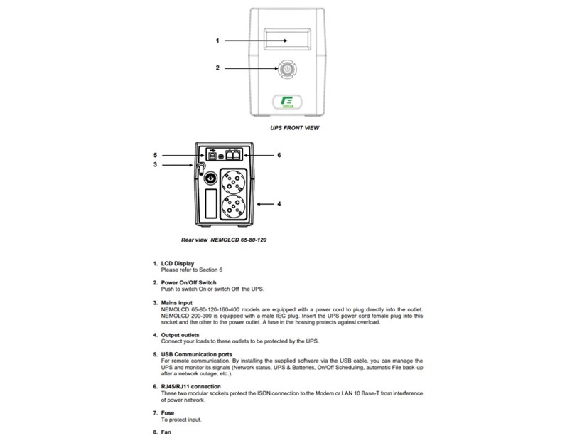 Elsist UPS NemoLCD 80 800VA/360W, Line-Interactive, USB, RJ11/RJ45, 2×Schuko, 1×7Ah, 10min. autonomija