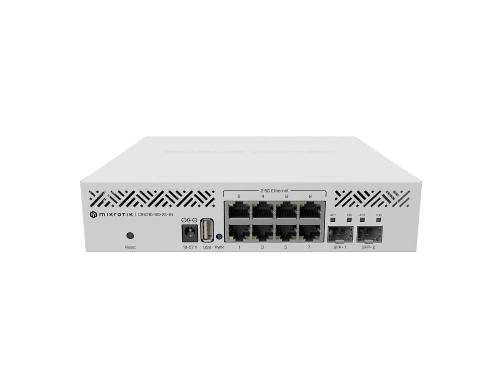 Mikrotik Cloud Router Switch CRS310-8G+2S+IN, 800 Mhz CPU, 256MB RAM, 8×2.5GLAN, 2×SFP+, RouterOS L5, desktop kučište, rackmount ears, PSU