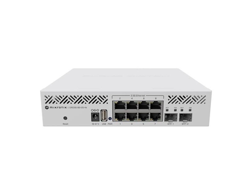 Mikrotik Cloud Router Switch CRS310-8G+2S+IN, 800 Mhz CPU, 256MB RAM, 8×2.5GLAN, 2×SFP+, RouterOS L5, desktop kučište, rackmount ears, PSU