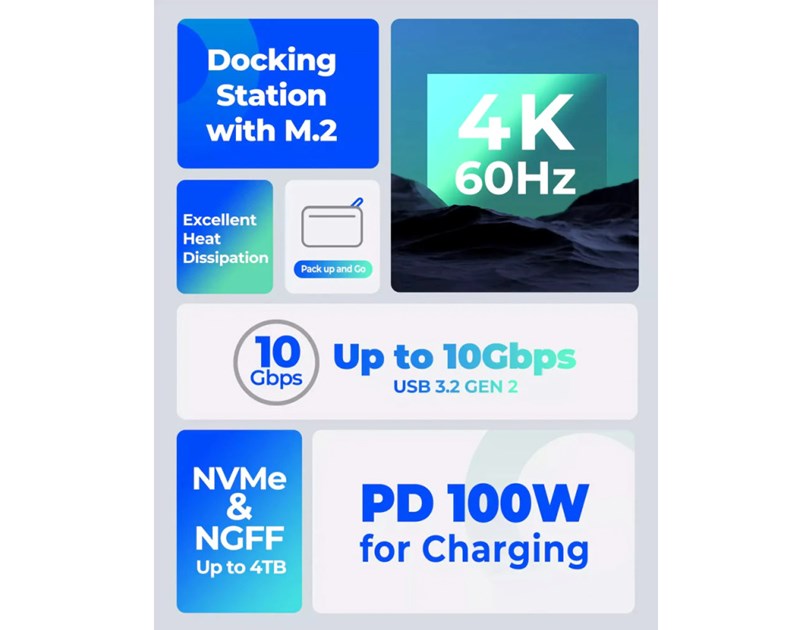 Orico 10-portni Docking station + M.2 kućište, 1x USB-C (100W), 1x USB 3.2, 1x USB-C, 2x USB-A 3.0, 1x HDMI, RJ-45, SD/TF