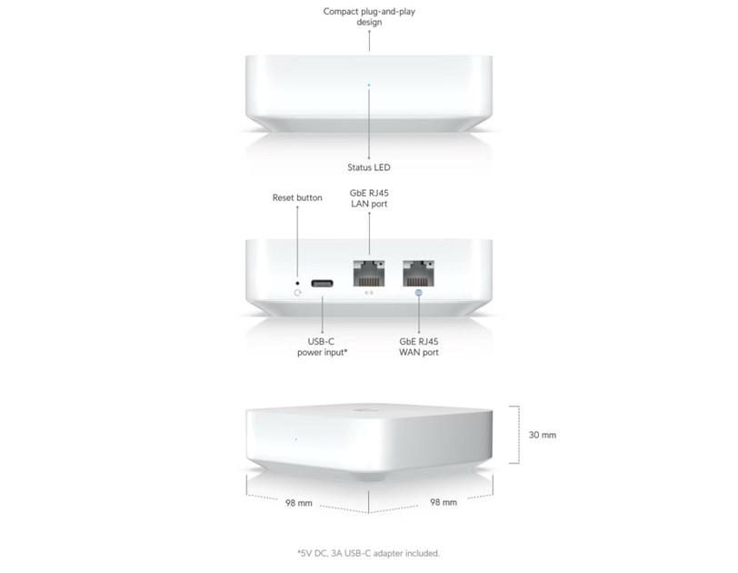 UXG-Lite UniFi gateway, 1x GbE WAN port, 1xGbE LAN port, USB-C, 