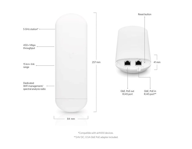 Ubiquiti NS-5AC | CPE | NanoStation, 2,4GHz, 5GHz, 1x RJ45 1000Mb/s, 16dBi