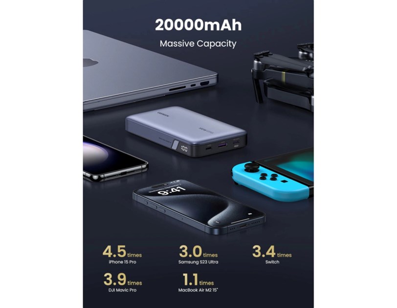 UGREEN prijenosni punjač (Powerbank) 20000mAh, 100W brzo punjenje, 2×USB-C+1×USB-A, PD 3.0+QC 3.0, srebrni