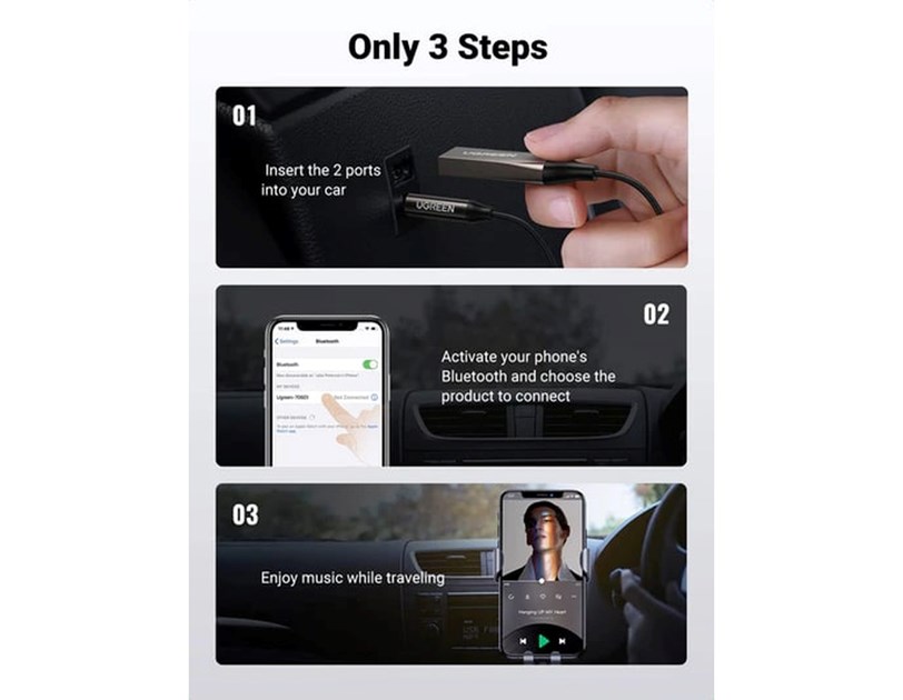 UGREEN Bluetooth 5.0 USB/Aux adapter, za auto, crni