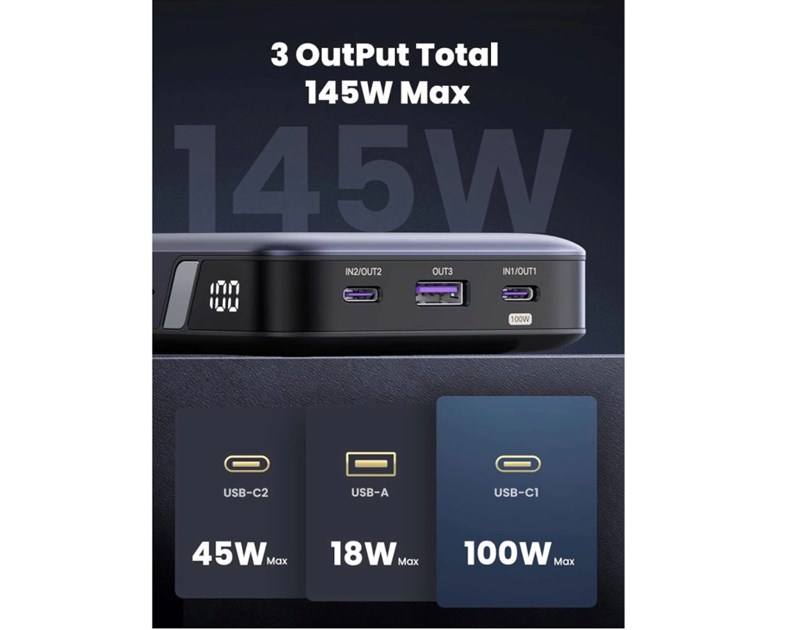 UGREEN prijenosni punjač (Powerbank) 25000mAh, 145W brzo punjenje, 2×USB-C+1×USB-A, PD 3.0+QC 3.0, sivi