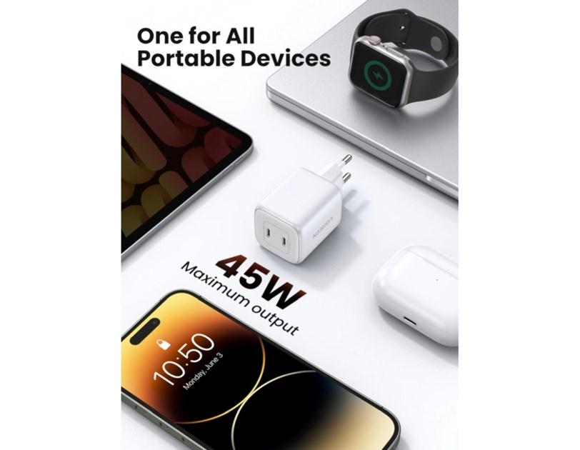 UGREEN Nexode Mini GaN II Tech zidni punjač 45W, 2×USB-C, PD3.0/QC 4.0, bijeli