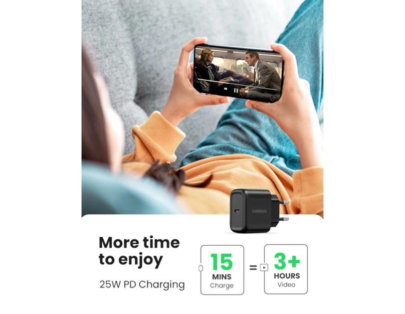 UGREEN zidni punjač 25W, USB-C, PD3.0/QC4.0, crni + USB-C/USB-C kabel 2.0m