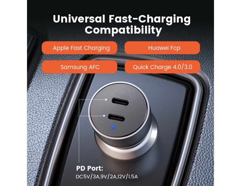UGREEN CD213 auto punjač 50W, 2×USB-C, PD3.0/QC3.0, sivi