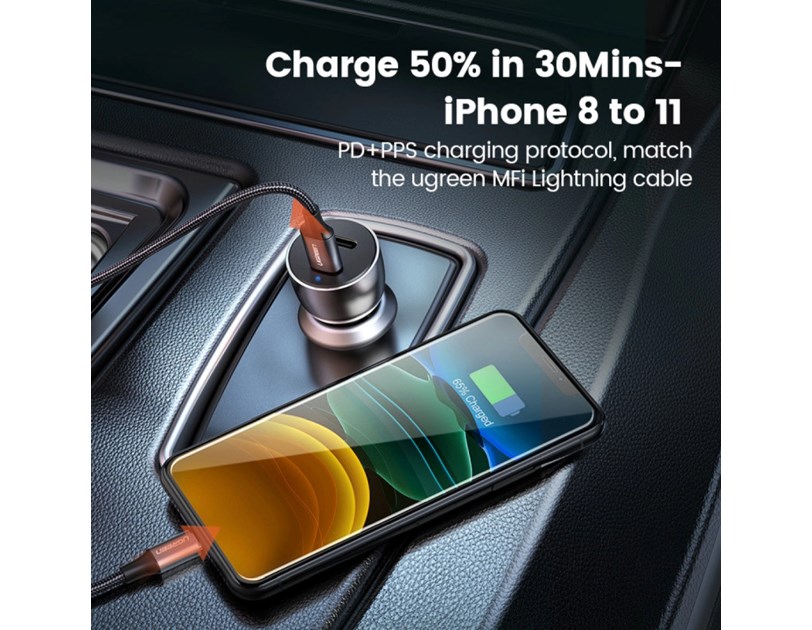 UGREEN CD213 auto punjač 50W, 2×USB-C, PD3.0/QC3.0, sivi
