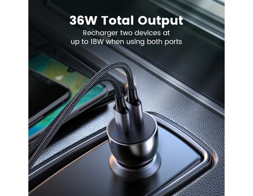UGREEN CD213 auto punjač 50W, 2×USB-C, PD3.0/QC3.0, sivi