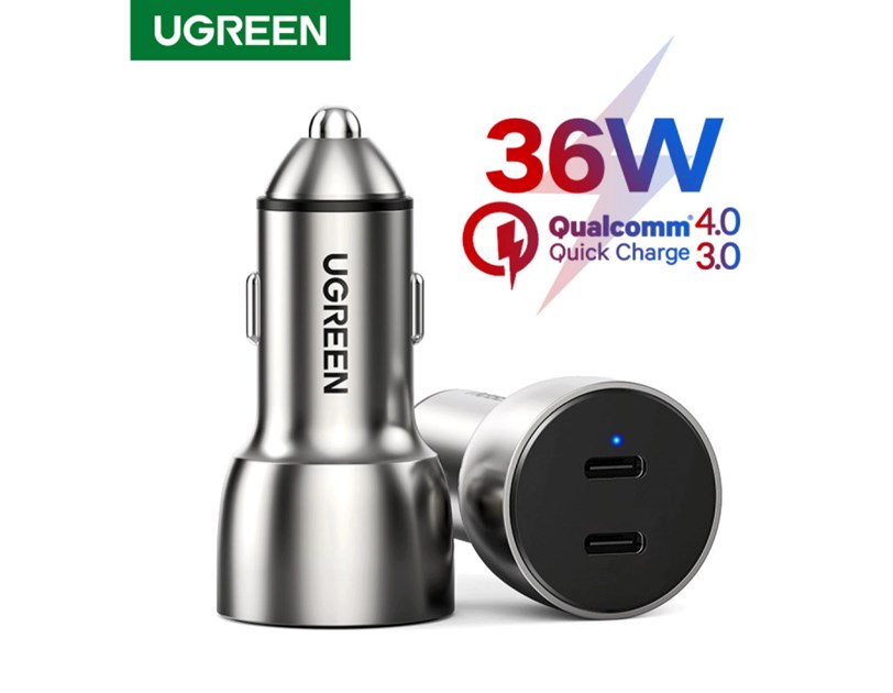 UGREEN CD213 auto punjač 50W, 2×USB-C, PD3.0/QC3.0, sivi