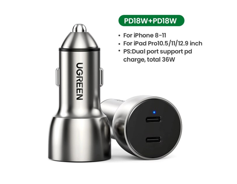 UGREEN CD213 auto punjač 50W, 2×USB-C, PD3.0/QC3.0, sivi