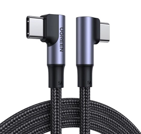 UGREEN USB-C (M) na USB-C (M), kutni 90°, 100W, 5A, PD 3.0, QC 4.0, pleteni kabel MFi, 1m 