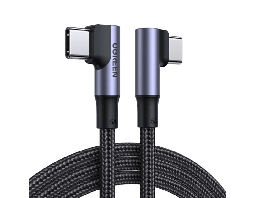 UGREEN USB-C (M) na USB-C (M), kutni 90°, 100W, 5A, PD 3.0, QC 4.0, pleteni kabel MFi, 1m 