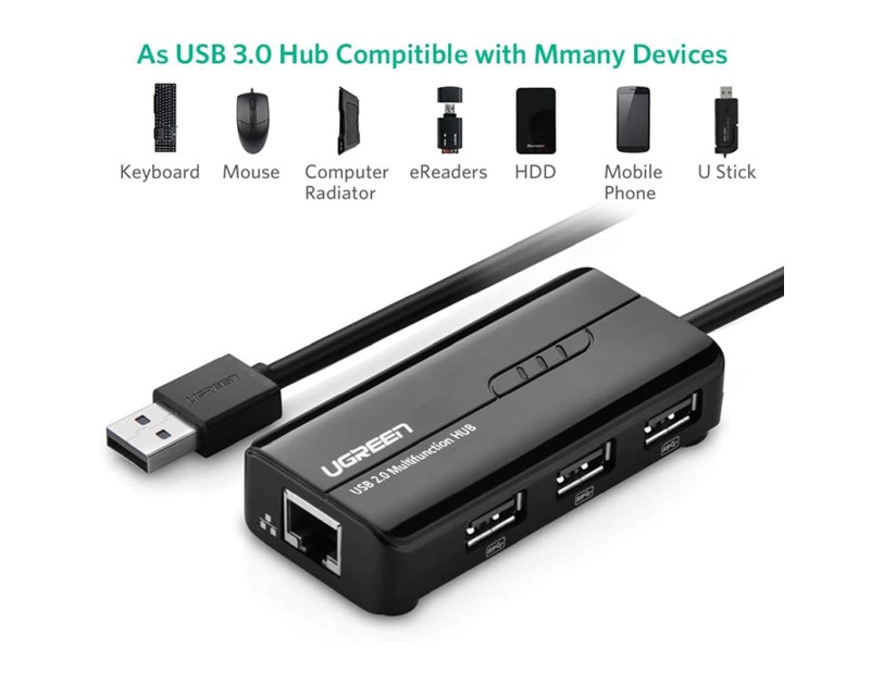 UGREEN 4-portni USB-A HUB 1xEthernet, 3xUSB-A 2.0, 100Mbps, crni
