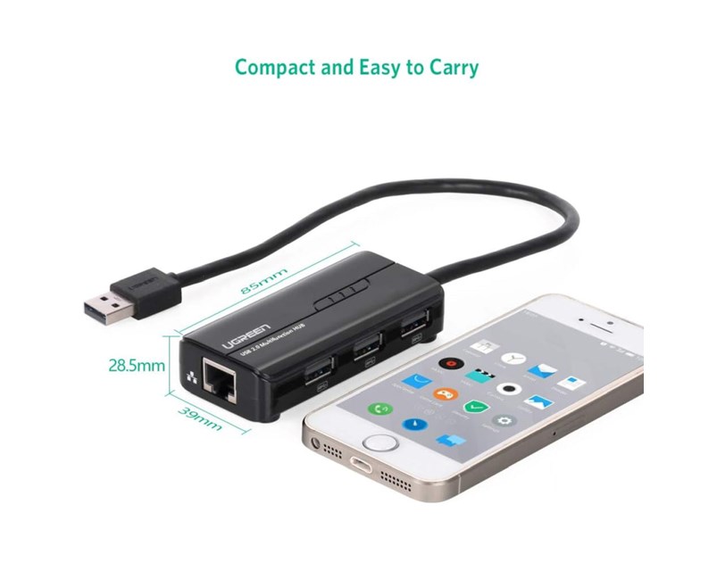 UGREEN 4-portni USB-A HUB 1xEthernet, 3xUSB-A 2.0, 100Mbps, crni