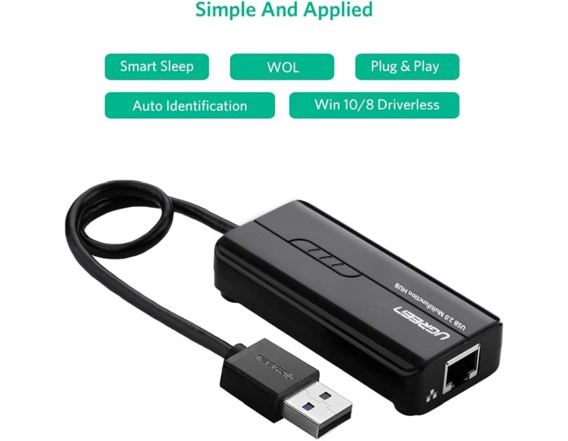 UGREEN 4-portni USB-A HUB 1xEthernet, 3xUSB-A 2.0, 100Mbps, crni