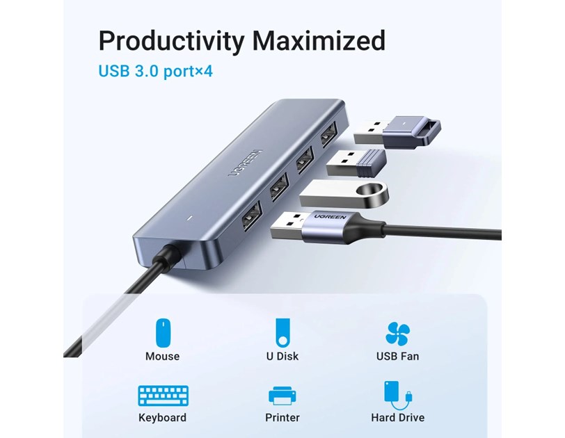 UGREEN 4-portni USB-C HUB 4xUSB-A 3.0 + USB-C power port, sivi