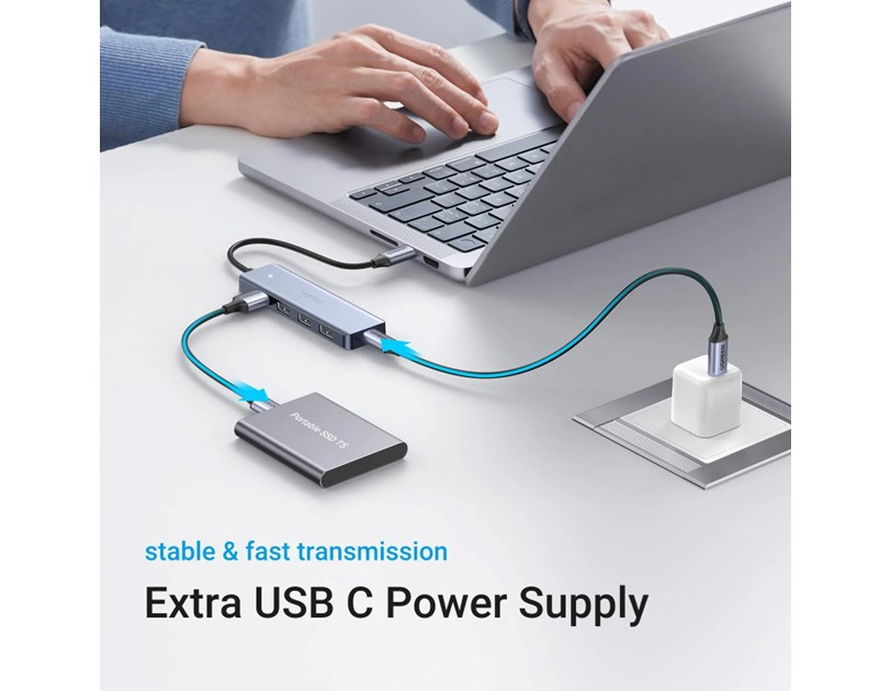 UGREEN 4-portni USB-C HUB 4xUSB-A 3.0 + USB-C power port, sivi