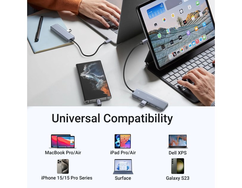 UGREEN 4-portni USB-C HUB 4xUSB-A 3.0 + USB-C power port, sivi