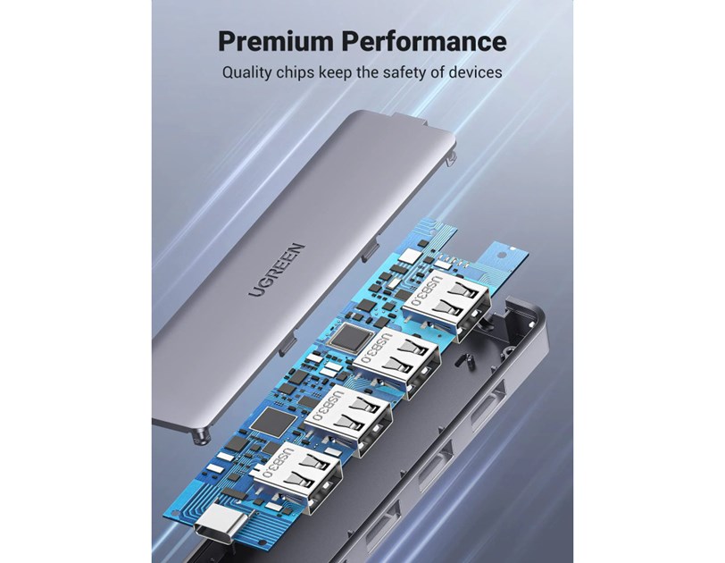 UGREEN 4-portni USB-C HUB 4xUSB-A 3.0 + USB-C power port, sivi
