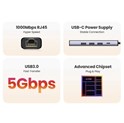 UGREEN 5-portni USB-C HUB 3xUSB PD, 1xRJ45, sivi