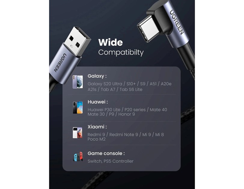 UGREEN USB-C (M) na USB-A (M), kutni 90°, 18W, 3A, pleteni kabel MFi, 1m