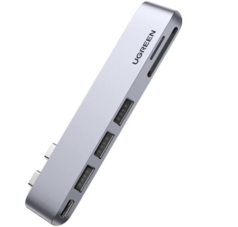 UGREEN 6-portni Dual USB-C HUB 3xUSB-A 3.0, 1xTF, 1xSD, 1xUSB-C, za MacBook Pro/Air, sivi