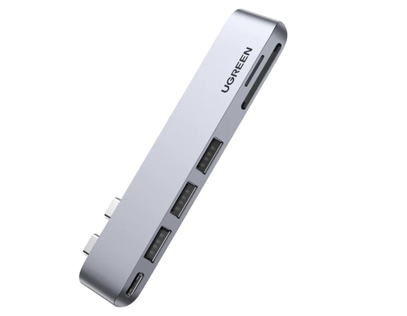 UGREEN 6-portni Dual USB-C HUB 3xUSB-A 3.0, 1xTF, 1xSD, 1xUSB-C, za MacBook Pro/Air, sivi
