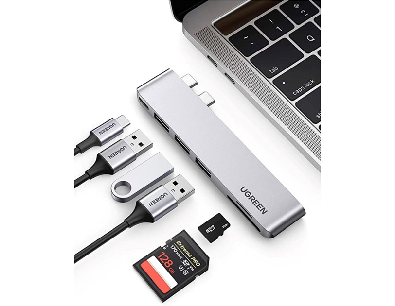 UGREEN 6-portni Dual USB-C HUB 3xUSB-A 3.0, 1xTF, 1xSD, 1xUSB-C, za MacBook Pro/Air, sivi