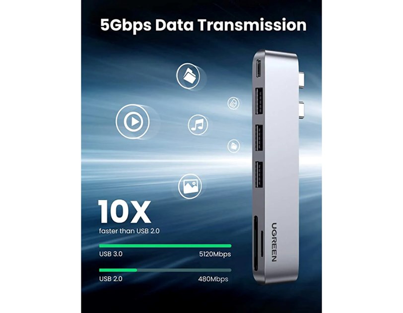 UGREEN 6-portni Dual USB-C HUB 3xUSB-A 3.0, 1xTF, 1xSD, 1xUSB-C, za MacBook Pro/Air, sivi