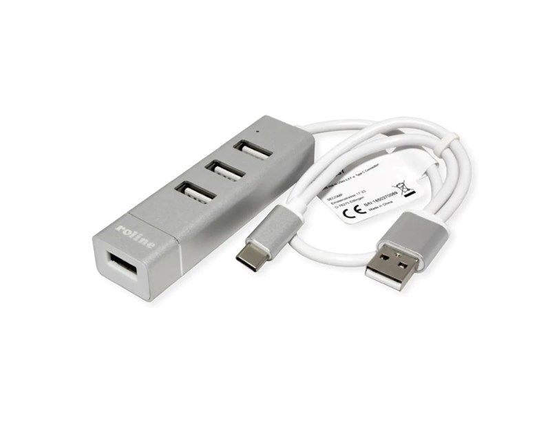 Roline Hub 4-porta USB2.0, USB Tip-A + USB-C kablovi, 0.3m