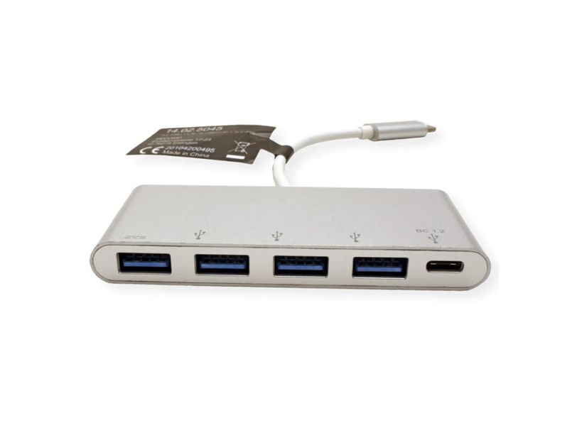 Roline Hub 4-porta USB3.0 + USB-C (PD), USB-C kabel, 0.1m
