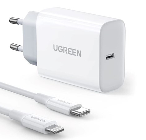 UGREEN zidni punjač 20W, USB-C, PD3.0/QC4.0, bijeli + USB-C/Lightning kabel 1.0m