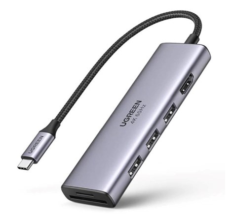 UGREEN 6-portni USB-C HUB 3xUSB-A 3.0, 1xHDMI 4K 60Hz, 1xSD, 1xTF, sivi 