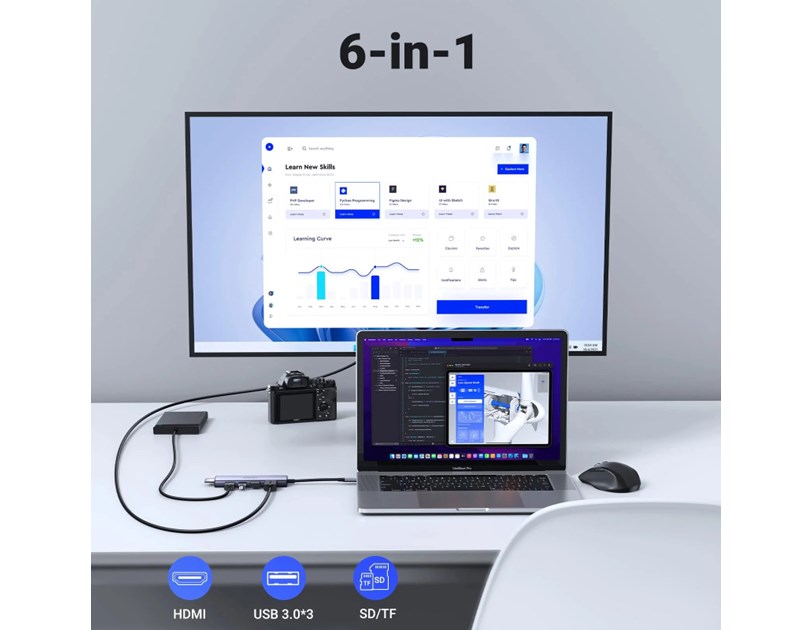 UGREEN 6-portni USB-C HUB 3xUSB-A 3.0, 1xHDMI 4K 60Hz, 1xSD, 1xTF, sivi 