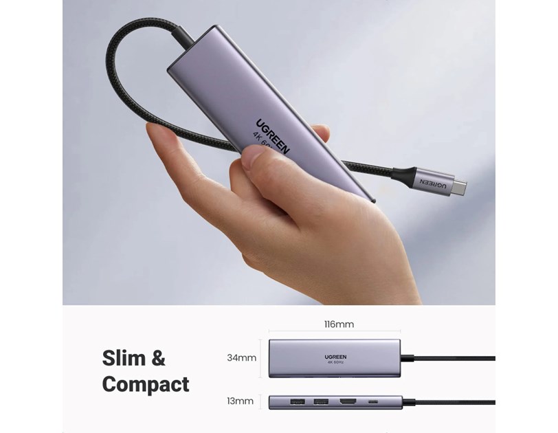 UGREEN 6-portni USB-C HUB 3xUSB-A 3.0, 1xHDMI 4K 60Hz, 1xSD, 1xTF, sivi 