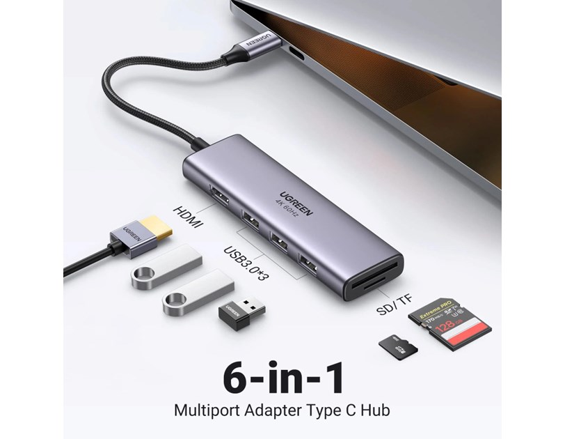 UGREEN 6-portni USB-C HUB 3xUSB-A 3.0, 1xHDMI 4K 60Hz, 1xSD, 1xTF, sivi 