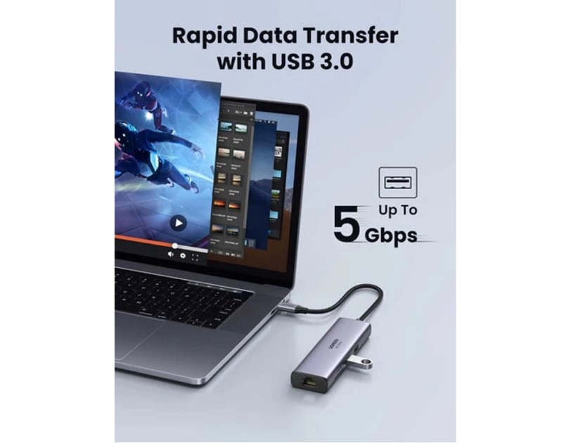 UGREEN 7-portni USB-C HUB 2xUSB-A 3.0, 1xHDMI 4K 60Hz, 1xRJ45, 1xSD, 1xTF, 1x USB-C PD, sivi 