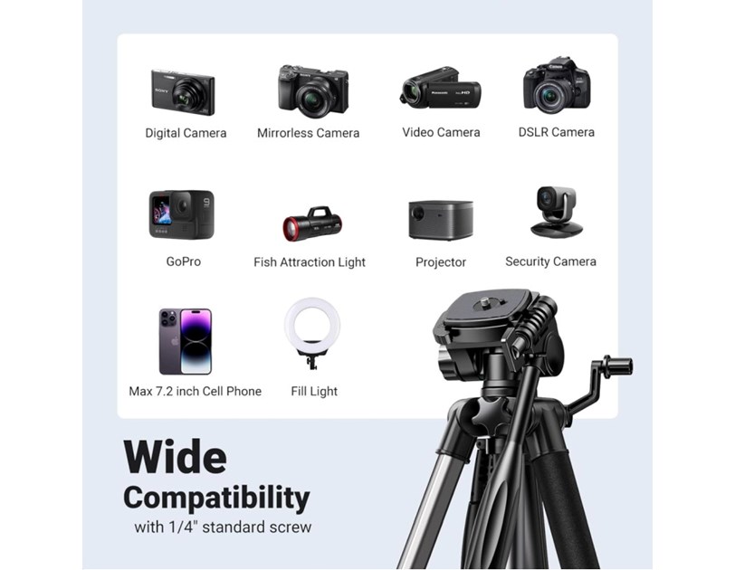 UGREEN LP661 Stativ tripod za foto i video, nosivost 5kg, visina 53.5-175cm, 360° Pan,180° Tilt, za mobitele, akcijske kamere, DSLR fotoaparate, ručne kamkordere, projektore 